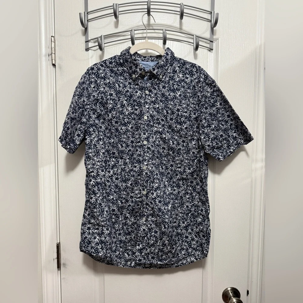 Banana Republic Men's m Slim-fit Luxe Poplin Shirt Navy white Fourth of July EUC